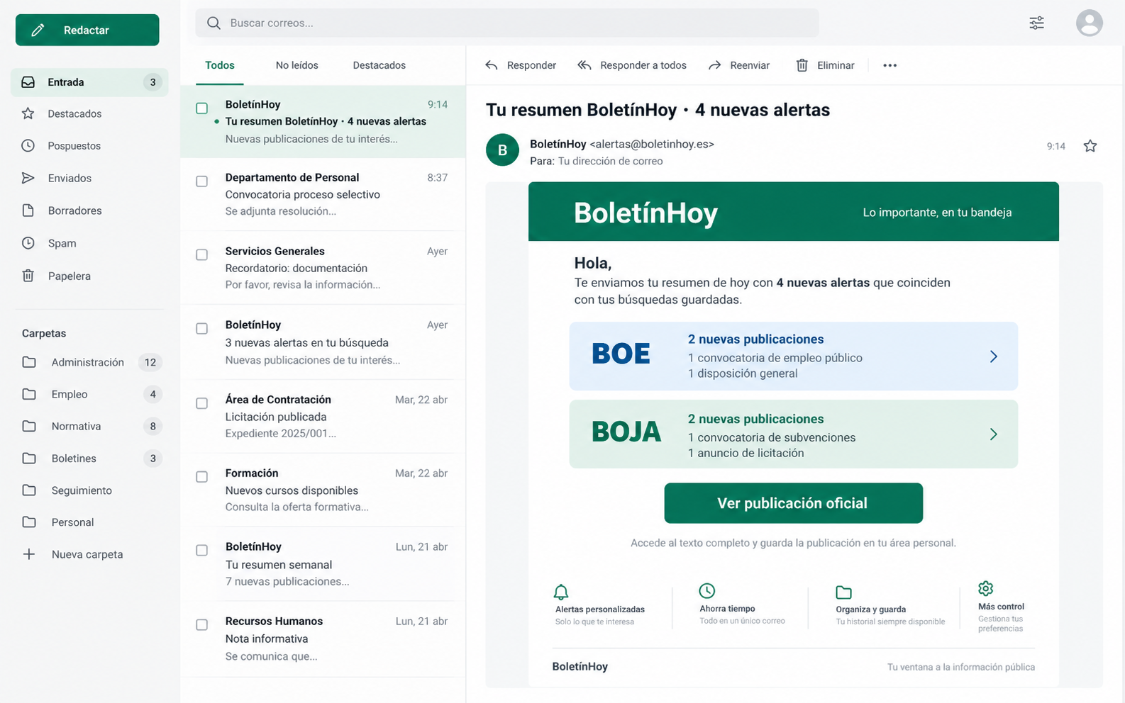 Correo de BoletínHoy con anuncios del BOE y BOJA